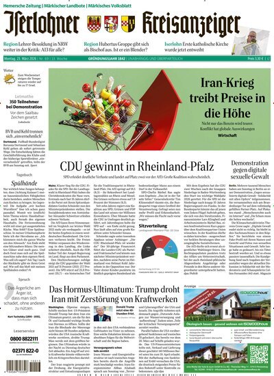 Titelbild der Ausgabe 69/2026 von Iserlohner Kreisanzeiger Hemer. Diese Zeitschrift und viele weitere Zeitungsabos als Abo oder epaper bei United Kiosk online kaufen.