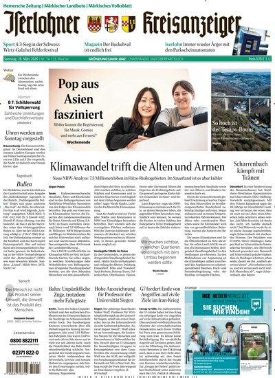 Titelbild der Ausgabe 74/2026 von Iserlohner Kreisanzeiger Hemer. Diese Zeitschrift und viele weitere Zeitungsabos als Abo oder epaper bei United Kiosk online kaufen.