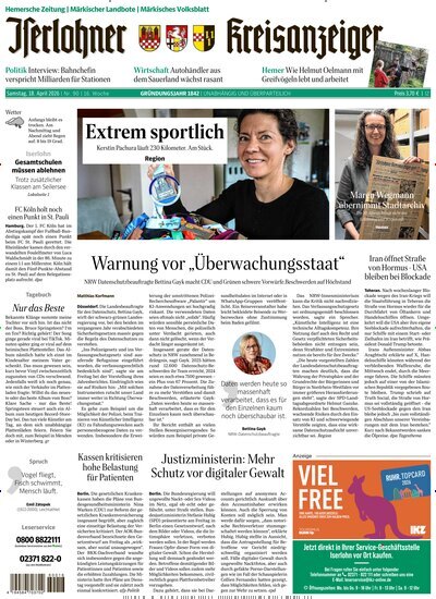 Titelbild der Ausgabe 90/2026 von Iserlohner Kreisanzeiger Hemer. Diese Zeitschrift und viele weitere Zeitungsabos als Abo oder epaper bei United Kiosk online kaufen.