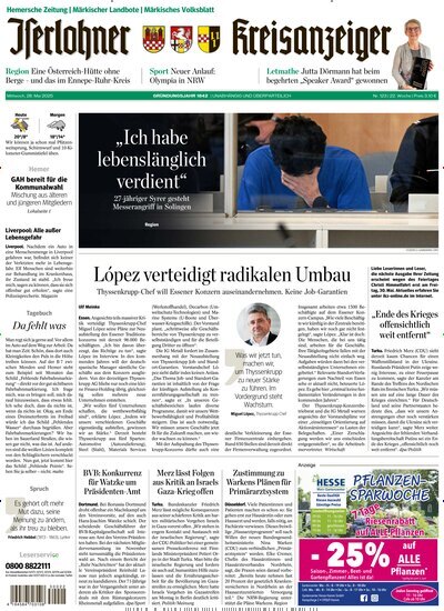 Titelbild der Ausgabe 123/2025 von Iserlohner Kreisanzeiger Hemer. Diese Zeitschrift und viele weitere Zeitungsabos als Abo oder epaper bei United Kiosk online kaufen.