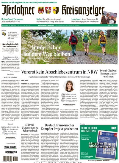 Titelbild der Ausgabe 131/2026 von Iserlohner Kreisanzeiger Hemer. Diese Zeitschrift und viele weitere Zeitungsabos als Abo oder epaper bei United Kiosk online kaufen.