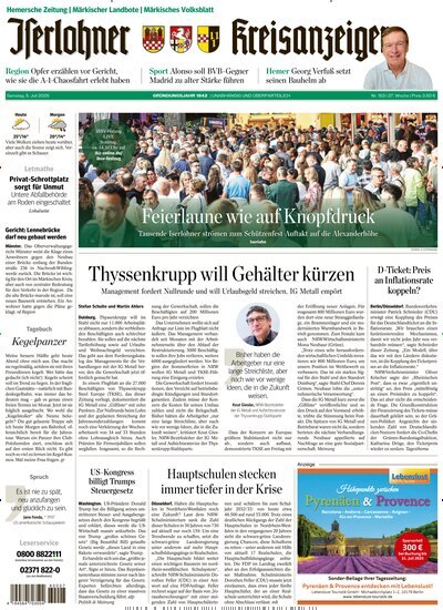 Titelbild der Ausgabe 153/2025 von Iserlohner Kreisanzeiger Hemer. Diese Zeitschrift und viele weitere Zeitungsabos als Abo oder epaper bei United Kiosk online kaufen.