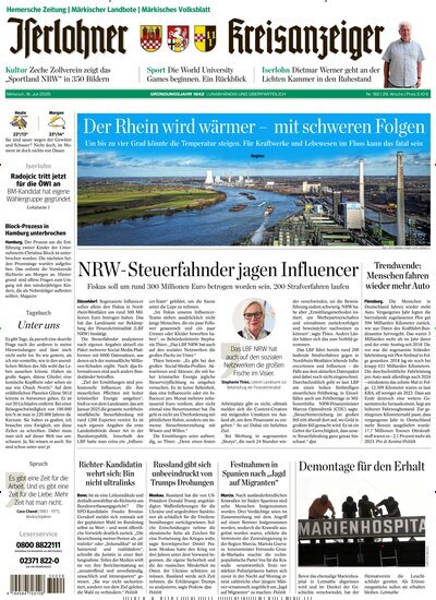 Titelbild der Ausgabe 162/2025 von Iserlohner Kreisanzeiger Hemer. Diese Zeitschrift und viele weitere Zeitungsabos als Abo oder epaper bei United Kiosk online kaufen.