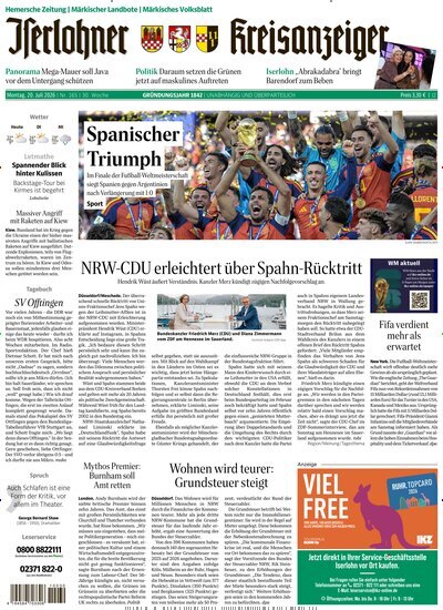 Titelbild der Ausgabe 165/2026 von Iserlohner Kreisanzeiger Hemer. Diese Zeitschrift und viele weitere Zeitungsabos als Abo oder epaper bei United Kiosk online kaufen.