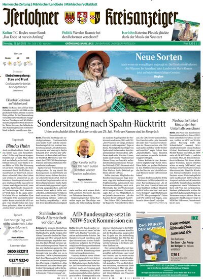 Titelbild der Ausgabe 166/2026 von Iserlohner Kreisanzeiger Hemer. Diese Zeitschrift und viele weitere Zeitungsabos als Abo oder epaper bei United Kiosk online kaufen.