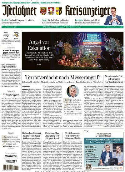 Titelbild der Ausgabe 212/2025 von Iserlohner Kreisanzeiger Hemer. Diese Zeitschrift und viele weitere Zeitungsabos als Abo oder epaper bei United Kiosk online kaufen.