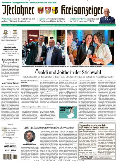Titelbild der Ausgabe 214/2025 von Iserlohner Kreisanzeiger Hemer. Diese Zeitschrift und viele weitere Zeitungsabos als Abo oder epaper bei United Kiosk online kaufen.