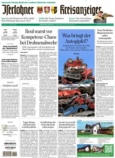 Titelbild der Ausgabe 234/2025 von Iserlohner Kreisanzeiger Hemer. Diese Zeitschrift und viele weitere Zeitungsabos als Abo oder epaper bei United Kiosk online kaufen.
