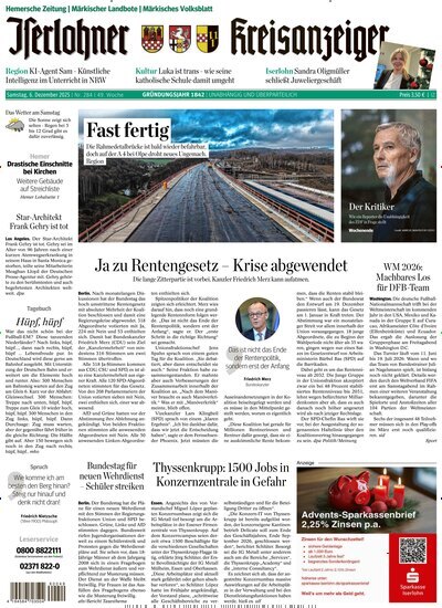 Titelbild der Ausgabe 284/2025 von Iserlohner Kreisanzeiger Hemer. Diese Zeitschrift und viele weitere Zeitungsabos als Abo oder epaper bei United Kiosk online kaufen.