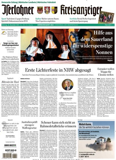 Titelbild der Ausgabe 292/2025 von Iserlohner Kreisanzeiger Hemer. Diese Zeitschrift und viele weitere Zeitungsabos als Abo oder epaper bei United Kiosk online kaufen.