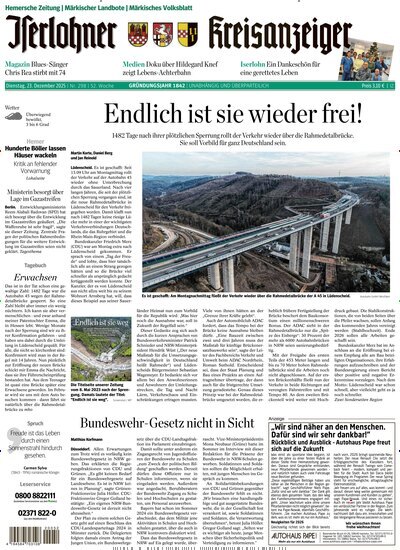 Titelbild der Ausgabe 298/2025 von Iserlohner Kreisanzeiger Hemer. Diese Zeitschrift und viele weitere Zeitungsabos als Abo oder epaper bei United Kiosk online kaufen.