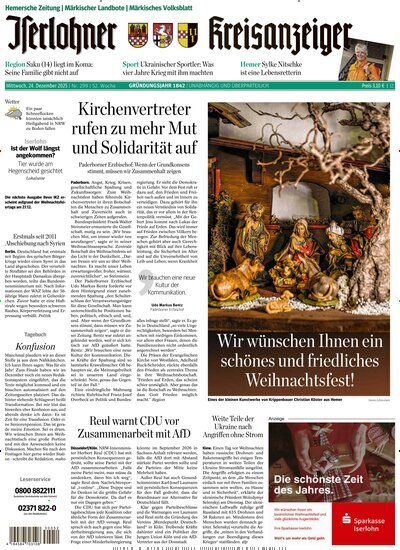 Titelbild der Ausgabe 299/2025 von Iserlohner Kreisanzeiger Hemer. Diese Zeitschrift und viele weitere Zeitungsabos als Abo oder epaper bei United Kiosk online kaufen.