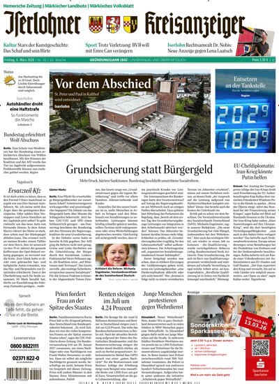 Titelbild der Ausgabe 55/2026 von Iserlohner Kreisanzeiger und Zeitung. Diese Zeitschrift und viele weitere Zeitungsabos als Abo oder epaper bei United Kiosk online kaufen.