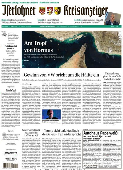 Titelbild der Ausgabe 59/2026 von Iserlohner Kreisanzeiger und Zeitung. Diese Zeitschrift und viele weitere Zeitungsabos als Abo oder epaper bei United Kiosk online kaufen.