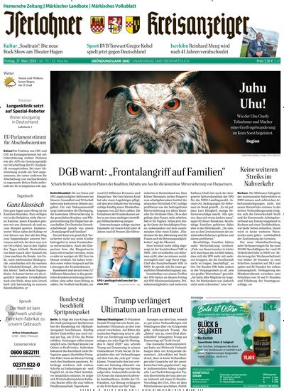 Titelbild der Ausgabe 73/2026 von Iserlohner Kreisanzeiger und Zeitung. Diese Zeitschrift und viele weitere Zeitungsabos als Abo oder epaper bei United Kiosk online kaufen.