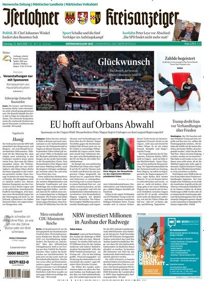 Titelbild der Ausgabe 84/2026 von Iserlohner Kreisanzeiger und Zeitung. Diese Zeitschrift und viele weitere Zeitungsabos als Abo oder epaper bei United Kiosk online kaufen.