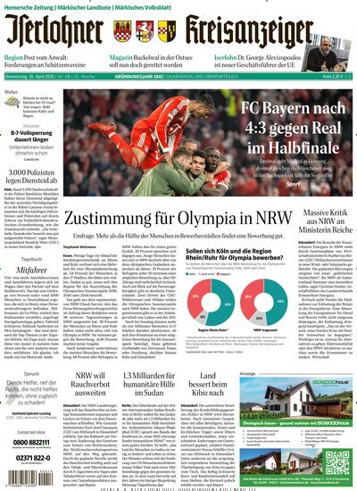 Titelbild der Ausgabe 88/2026 von Iserlohner Kreisanzeiger und Zeitung. Diese Zeitschrift und viele weitere Zeitungsabos als Abo oder epaper bei United Kiosk online kaufen.
