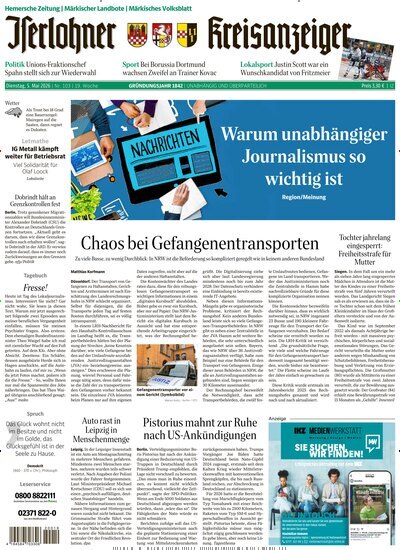 Titelbild der Ausgabe 103/2026 von Iserlohner Kreisanzeiger und Zeitung. Diese Zeitschrift und viele weitere Zeitungsabos als Abo oder epaper bei United Kiosk online kaufen.