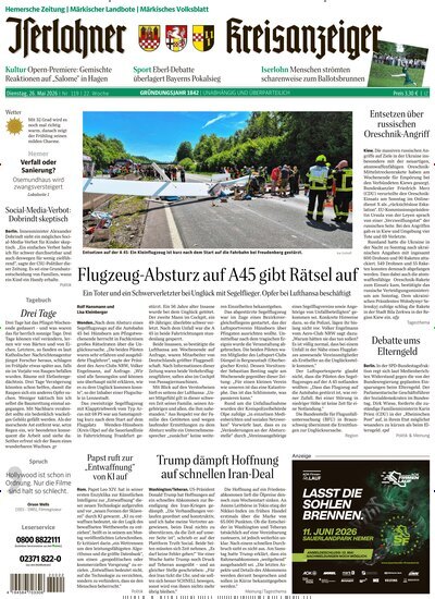 Titelbild der Ausgabe 119/2026 von Iserlohner Kreisanzeiger und Zeitung. Diese Zeitschrift und viele weitere Zeitungsabos als Abo oder epaper bei United Kiosk online kaufen.