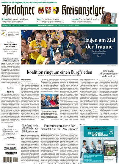Titelbild der Ausgabe 124/2026 von Iserlohner Kreisanzeiger und Zeitung. Diese Zeitschrift und viele weitere Zeitungsabos als Abo oder epaper bei United Kiosk online kaufen.