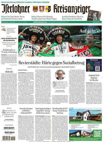 Titelbild der Ausgabe 132/2026 von Iserlohner Kreisanzeiger und Zeitung. Diese Zeitschrift und viele weitere Zeitungsabos als Abo oder epaper bei United Kiosk online kaufen.