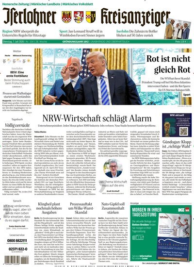 Titelbild der Ausgabe 154/2026 von Iserlohner Kreisanzeiger und Zeitung. Diese Zeitschrift und viele weitere Zeitungsabos als Abo oder epaper bei United Kiosk online kaufen.