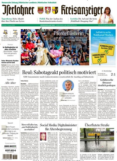 Titelbild der Ausgabe 177/2025 von Iserlohner Kreisanzeiger und Zeitung. Diese Zeitschrift und viele weitere Zeitungsabos als Abo oder epaper bei United Kiosk online kaufen.