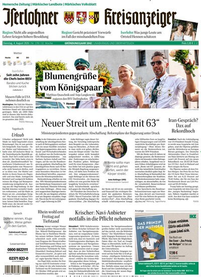Titelbild der Ausgabe 178/2026 von Iserlohner Kreisanzeiger und Zeitung. Diese Zeitschrift und viele weitere Zeitungsabos als Abo oder epaper bei United Kiosk online kaufen.