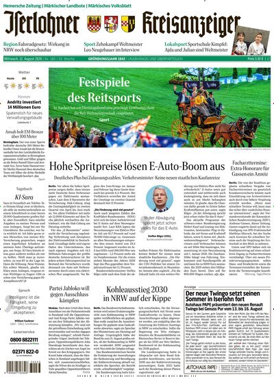 Titelbild der Ausgabe 185/2026 von Iserlohner Kreisanzeiger und Zeitung. Diese Zeitschrift und viele weitere Zeitungsabos als Abo oder epaper bei United Kiosk online kaufen.