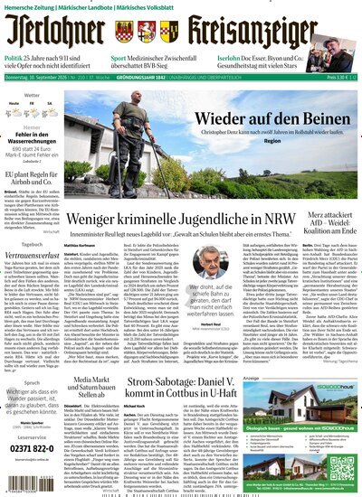 Titelbild der Ausgabe 210/2026 von Iserlohner Kreisanzeiger und Zeitung. Diese Zeitschrift und viele weitere Zeitungsabos als Abo oder epaper bei United Kiosk online kaufen.