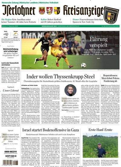 Titelbild der Ausgabe 216/2025 von Iserlohner Kreisanzeiger und Zeitung. Diese Zeitschrift und viele weitere Zeitungsabos als Abo oder epaper bei United Kiosk online kaufen.