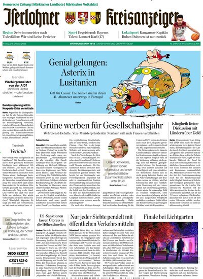 Titelbild der Ausgabe 247/2025 von Iserlohner Kreisanzeiger und Zeitung. Diese Zeitschrift und viele weitere Zeitungsabos als Abo oder epaper bei United Kiosk online kaufen.