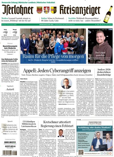 Titelbild der Ausgabe 265/2025 von Iserlohner Kreisanzeiger und Zeitung. Diese Zeitschrift und viele weitere Zeitungsabos als Abo oder epaper bei United Kiosk online kaufen.