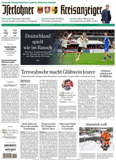 Titelbild der Ausgabe 267/2025 von Iserlohner Kreisanzeiger und Zeitung. Diese Zeitschrift und viele weitere Zeitungsabos als Abo oder epaper bei United Kiosk online kaufen.