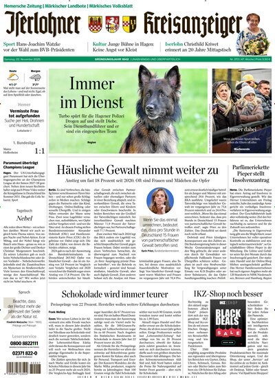 Titelbild der Ausgabe 271/2025 von Iserlohner Kreisanzeiger und Zeitung. Diese Zeitschrift und viele weitere Zeitungsabos als Abo oder epaper bei United Kiosk online kaufen.