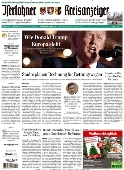 Titelbild der Ausgabe 288/2025 von Iserlohner Kreisanzeiger und Zeitung. Diese Zeitschrift und viele weitere Zeitungsabos als Abo oder epaper bei United Kiosk online kaufen.