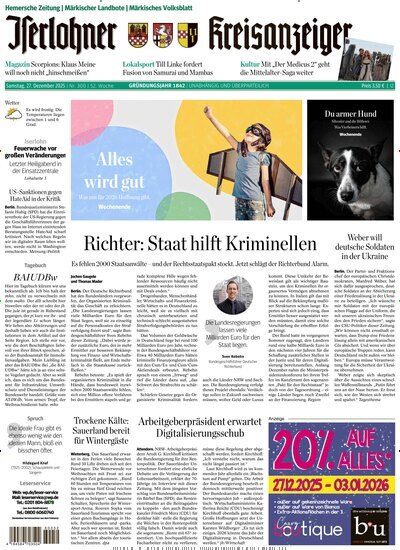 Titelbild der Ausgabe 300/2025 von Iserlohner Kreisanzeiger und Zeitung. Diese Zeitschrift und viele weitere Zeitungsabos als Abo oder epaper bei United Kiosk online kaufen.