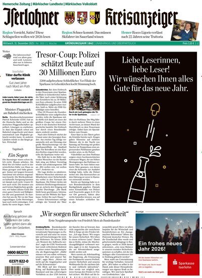 Titelbild der Ausgabe 303/2025 von Iserlohner Kreisanzeiger und Zeitung. Diese Zeitschrift und viele weitere Zeitungsabos als Abo oder epaper bei United Kiosk online kaufen.