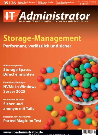 Titelbild der Ausgabe 5/2026 von IT Administrator. Diese Zeitschrift und viele weitere Computerzeitschriften, Tabletmagazine und Smartphonemagazine als Abo oder epaper bei United Kiosk online kaufen.