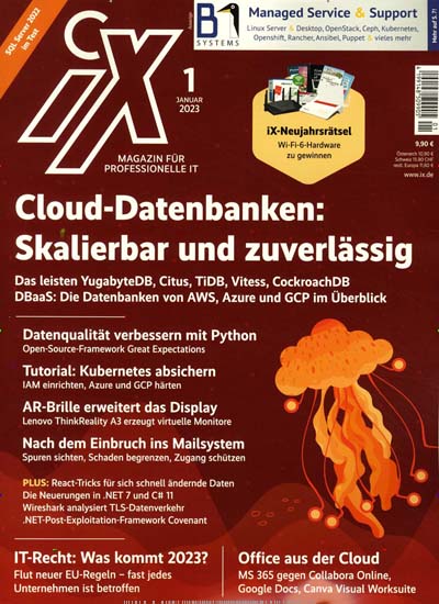 Titelbild der Ausgabe 1/2023 von iX Magazin. Diese Zeitschrift und viele weitere Computerzeitschriften, Tabletmagazine und Smartphonemagazine als Abo oder epaper bei United Kiosk online kaufen.