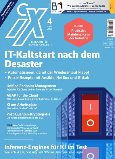 Titelbild der Ausgabe 4/2026 von iX Magazin. Diese Zeitschrift und viele weitere Computerzeitschriften, Tabletmagazine und Smartphonemagazine als Abo oder epaper bei United Kiosk online kaufen.