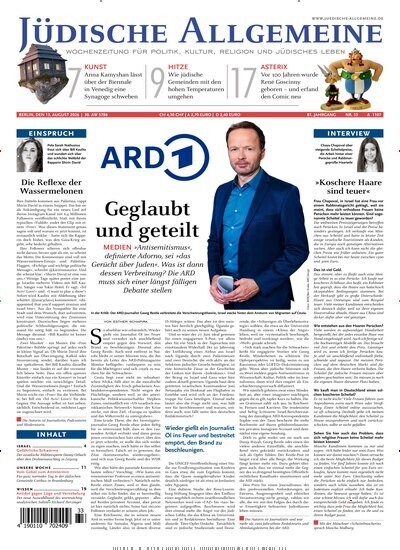 Titelbild der Ausgabe 33/2026 von Jüdische Allgemeine. Diese Zeitschrift und viele weitere Wirtschaftsmagazine und Politikmagazine als Abo oder epaper bei United Kiosk online kaufen.