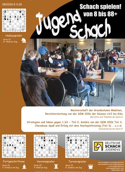 Titelbild der Ausgabe 8/2026 von JugendSchach. Diese Zeitschrift und viele weitere Reisemagazine, Freizeitmagazine und Wissensmagazine als Abo oder epaper bei United Kiosk online kaufen.