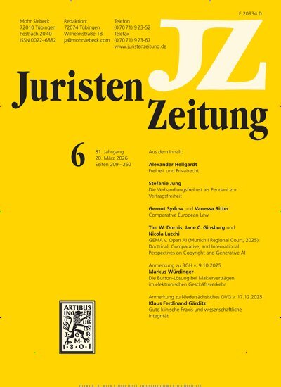 Titelbild der Ausgabe 6/2026 von JuristenZeitung (JZ). Diese Zeitschrift und viele weitere Jurazeitschriften und Zeitschriften für Verwaltung als Abo oder epaper bei United Kiosk online kaufen.