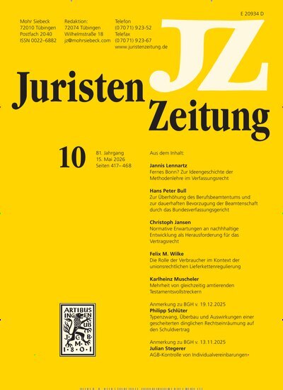Titelbild der Ausgabe 10/2026 von JuristenZeitung (JZ). Diese Zeitschrift und viele weitere Jurazeitschriften und Zeitschriften für Verwaltung als Abo oder epaper bei United Kiosk online kaufen.