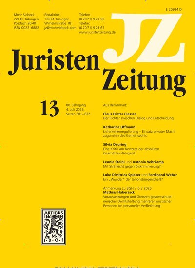 Titelbild der Ausgabe 13/2025 von JuristenZeitung (JZ). Diese Zeitschrift und viele weitere Jurazeitschriften und Zeitschriften für Verwaltung als Abo oder epaper bei United Kiosk online kaufen.