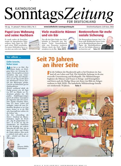 Titelbild der Ausgabe 5/2026 von Katholische Sonntagszeitung für Deutschland. Diese Zeitschrift und viele weitere Kunstmagazine und Kulturmagazine als Abo oder epaper bei United Kiosk online kaufen.