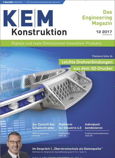 KEM Das Engeneering Magazin aktuelles Titelbild Ausgabe 12/2017 Aktuelles Titelbild von KEM Das Engeneering Magazin. In der Ausgabe 12/2017 geht es um die Themen: Leichte Drehverbindungen aus dem 3D-Drucker. Lesen Sie gerne Industriemagazine und Handwerkmagazine? Dann empfehlen wir Ihnen KEM Das Engeneering Magazin als Abo oder Geschenkabo.