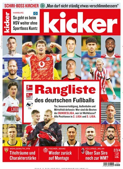 Titelbild der Ausgabe 2/2026 von kicker. Diese Zeitschrift und viele weitere Sportmagazine als Abo oder epaper bei United Kiosk online kaufen.