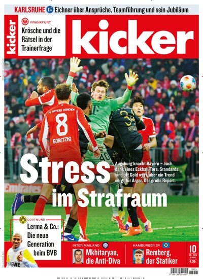 Titelbild der Ausgabe 10/2026 von kicker. Diese Zeitschrift und viele weitere Sportmagazine als Abo oder epaper bei United Kiosk online kaufen.